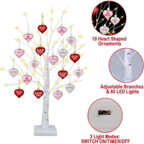 Timer] Valentines Decor 24 Inch Valentines Decorations Lighted Tree with 18 Hear - Picture 4 of 8